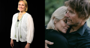 Laura Malmivaara hymyilee potretti­kuvassa ja halailee puolisoaan Samia ulkona.
