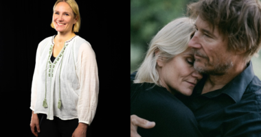 Laura Malmivaara hymyilee potretti­kuvassa ja halailee puolisoaan Samia ulkona.