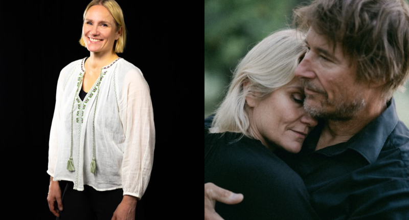 Laura Malmivaara hymyilee potretti­kuvassa ja halailee puolisoaan Samia ulkona.