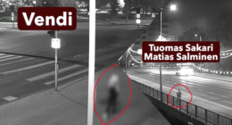 Valvontakamerakuvien kollaasi, jossa Tuomas Salminen seuraa Vendiä Valkeakoskella