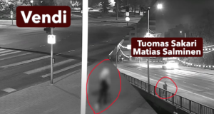 Valvontakamerakuvien kollaasi, jossa Tuomas Salminen seuraa Vendiä Valkeakoskella